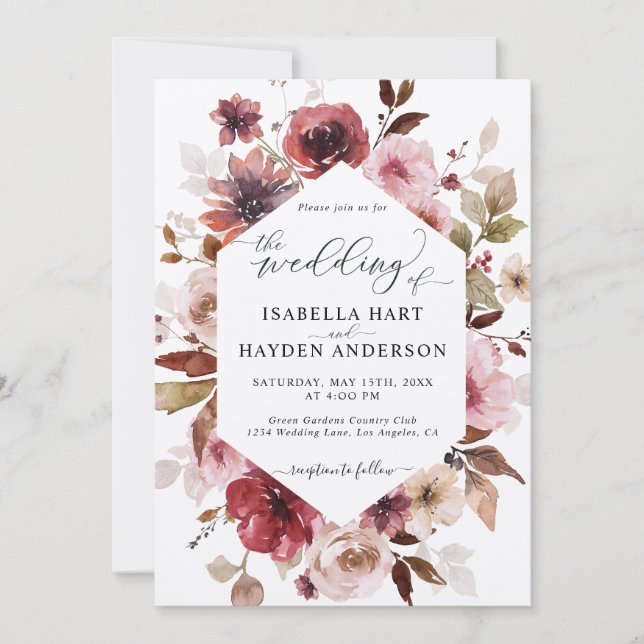 Invitation Maroon Brown rose vierge tout en 1 QR Code Mariage (Devant)