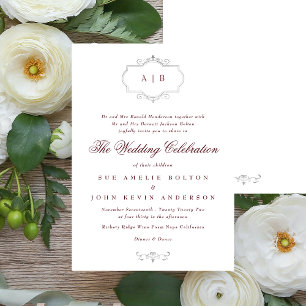 Invitation maroon burgundy argent classique monogramme mariag