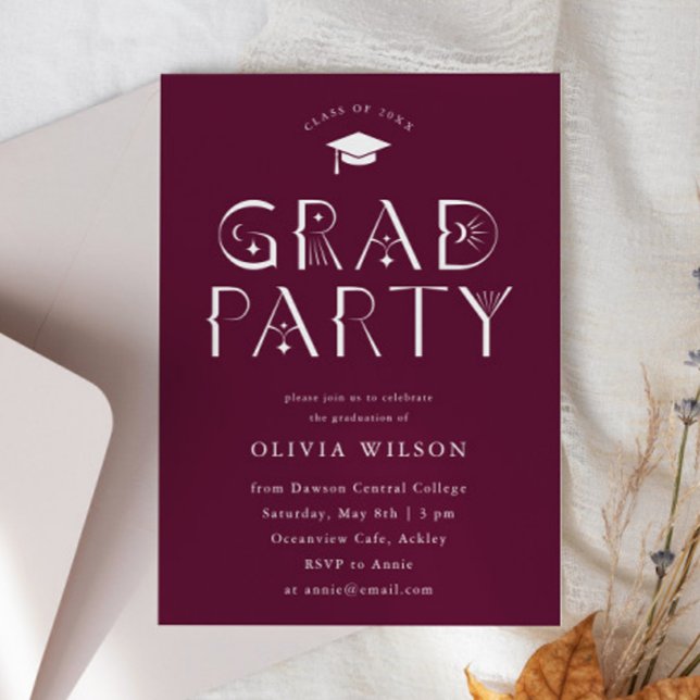 Invitation Maroon Céleste Typographie Grad Party (Créateur téléchargé)