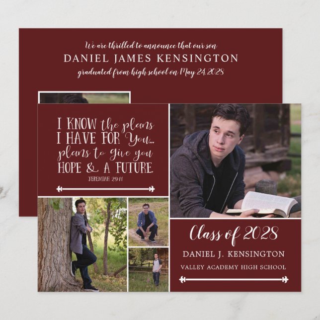 Invitation Maroon Christian Verse Graduation Photo Collage (Devant / Derrière)