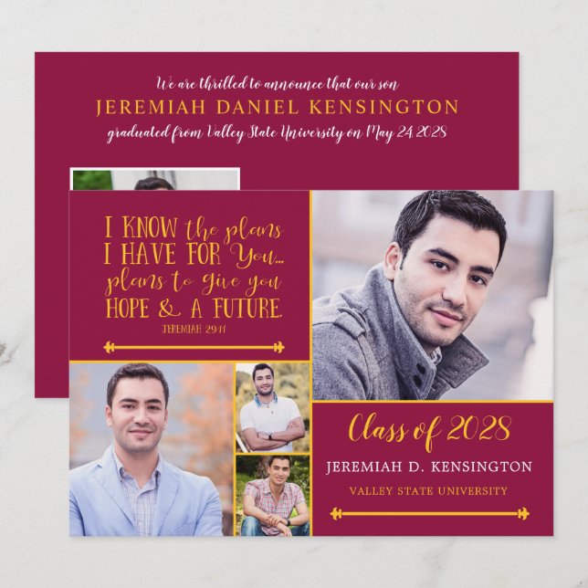 Invitation Maroon Christian Verse Graduation Photo Collage (Devant / Derrière)