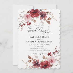 Invitation Maroon Dusty Rose Floral Tout en 1 QR Code Mariage