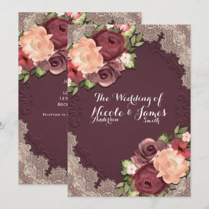 Invitation Maroon Elegant Lace & Floral Modern Chic Mariage