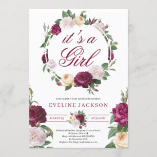 Invitation Maroon en fleurs et crème rose baby shower