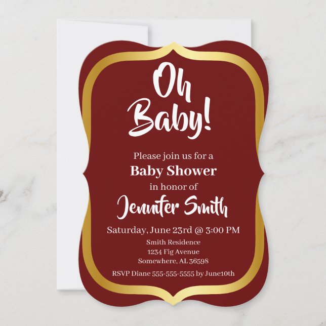 Invitation Maroon et Baby shower Gold Elegant (Devant)