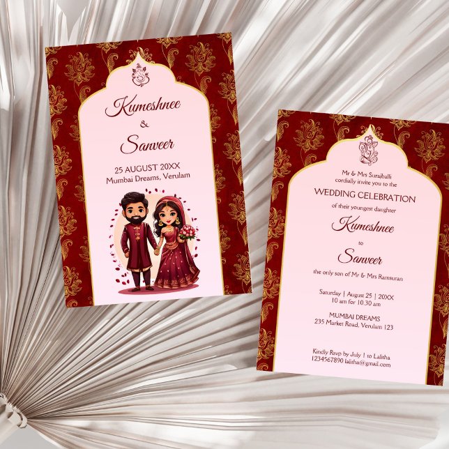 Invitation Maroon et or mignon dessin animé de couple de mari (Maroon and gold cute Indian bridal couple cartoon Invitation template instant download Hindu wedding)