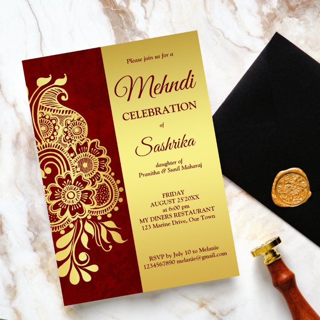 Invitation Maroon et or paisley mehndi (Maroon and gold paisley Indian wedding mehndi invitation template instant download henna prewedding)