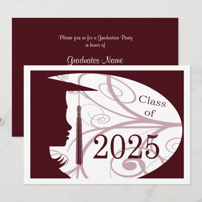 Invitation Maroon et Silhouette blanche 2025 Graduation Party (Devant / Derrière)