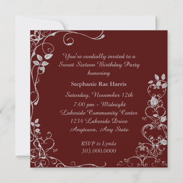 Invitation Maroon Faux Diamond Swirl Sweet 16 Anniversaire (Devant)