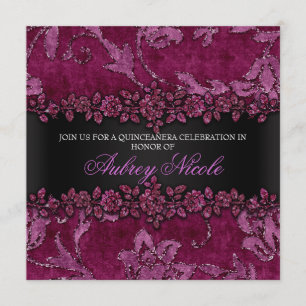 Invitation Maroon Faux Parties scintillant et velours Floral
