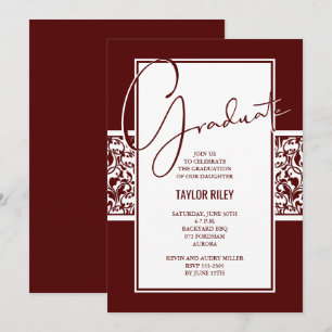 Invitation Maroon foncé et Damas blanc Graduation