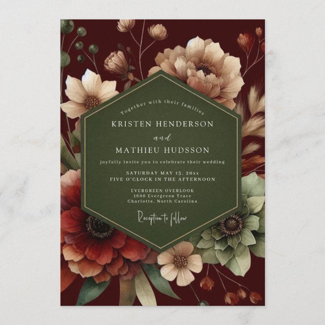 Invitation Maroon Forest Bloom Wedding (Devant)