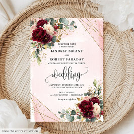Invitation Maroon Gold Blush Roses Romantique Mariage