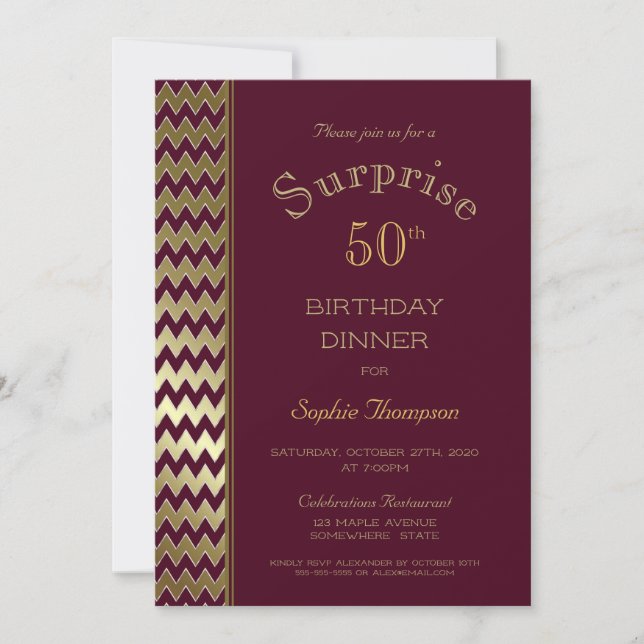 Invitation Maroon Gold Chevron Surprise Dîner 50e Anniversair (Devant)
