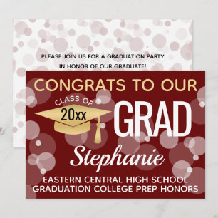 Invitation Maroon Gold Confetti Bokeh Bubbles Graduation