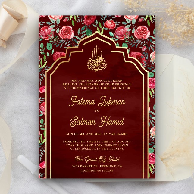 Invitation Maroon Gold Red Roses Floral musulman Mariage (Créateur téléchargé)