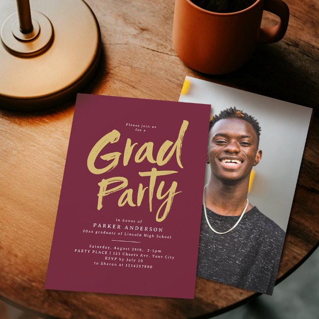Invitation Maroon Gold Simple Moderne Brush Script Grad Party (Maroon Gold Simple Modern Brush Script Grad Party Invitation)