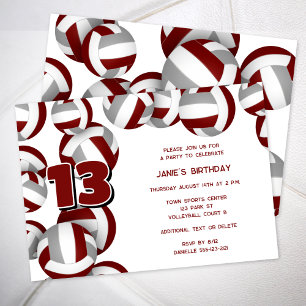 Invitation maroon gris volleyballs filles garçons fête d'anni