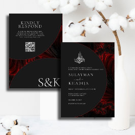 Invitation Maroon Minimal Élégant B&W QR Code Mariage islamiq