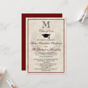 Invitation Maroon Monogram Wreath Classic College Graduation