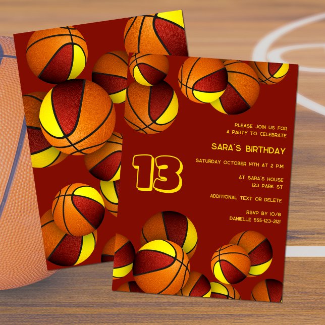 Invitation maroon or basket-ball enfants sport anniversaire (front and back views)