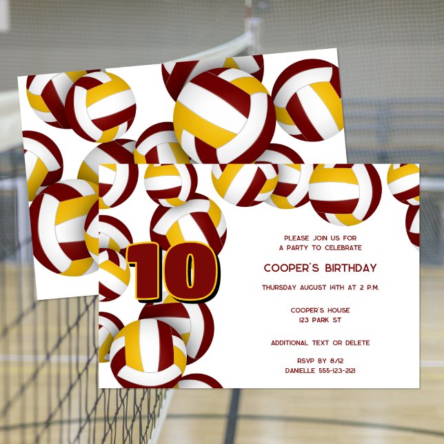 Invitation maroon or volleyballs garçons filles fête d'annive (front & back views)