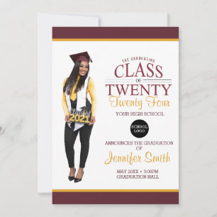 Invitation Maroon photo sur mesure et graduation en or