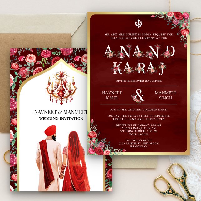 Invitation Maroon Red Typographie Anand Karaj Sikh Mariage (Créateur téléchargé)