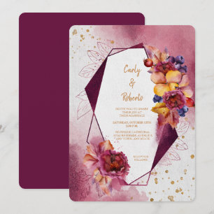 Invitation Maroon rose Floral moderne Mariage de cadre géomét