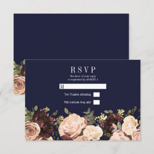 Invitation Maroon rose floral vert marine bleu mariage RSVP