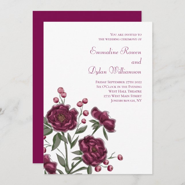 Invitation Maroon Rose Wedding (Devant / Derrière)