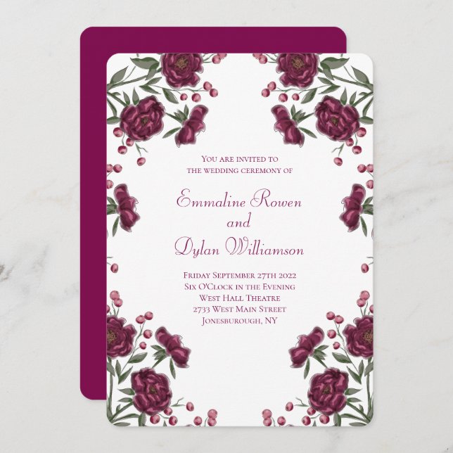 Invitation Maroon Rose Wedding (Devant / Derrière)