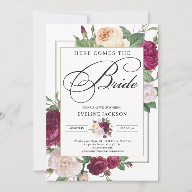 Invitation Maroon rouge profond bordeaux doré fleuri douche n (Devant)