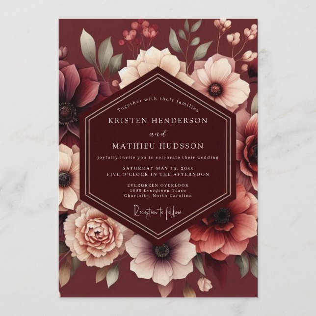 Invitation Maroon Somber Bloom Wedding (Devant)