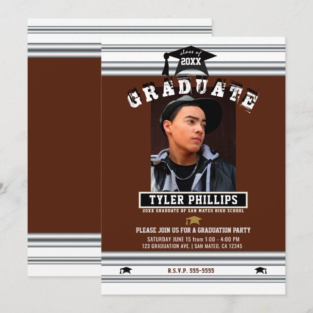 Invitation Maroon White & Silver Graduation Photo Party (Devant / Derrière)