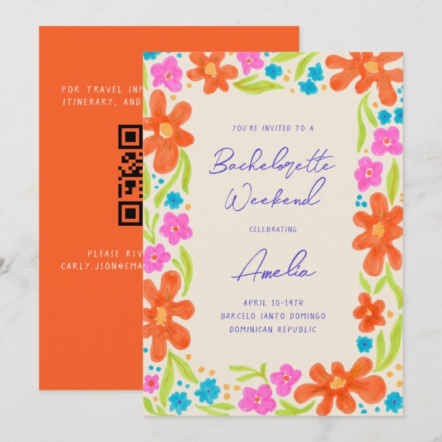 Invitation Marque Tropicale Croquis Fleur Bordure Bachelorett (Devant / Derrière)