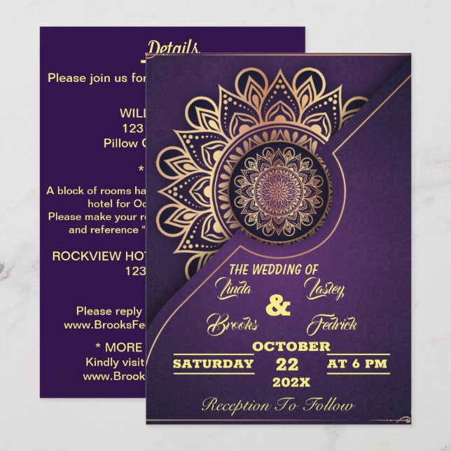 Invitation Marques à skis | Mandala Purple Calligraphic Maria (Devant / Derrière)