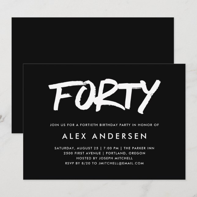 Invitation Marqueur moderne| Quarantième anniversaire noir (Devant / Derrière)