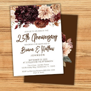 Invitation Marron Beige Floral 25e Anniversaire de Mariage