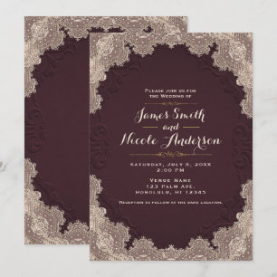 Invitation Marron Rouge Cuir Verni Mariage Dentelle Vintage