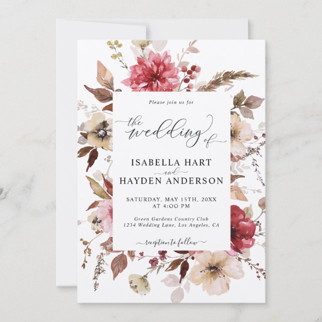 Invitation Marron rouge rose vif tout en 1 QR Code Mariage (Devant)