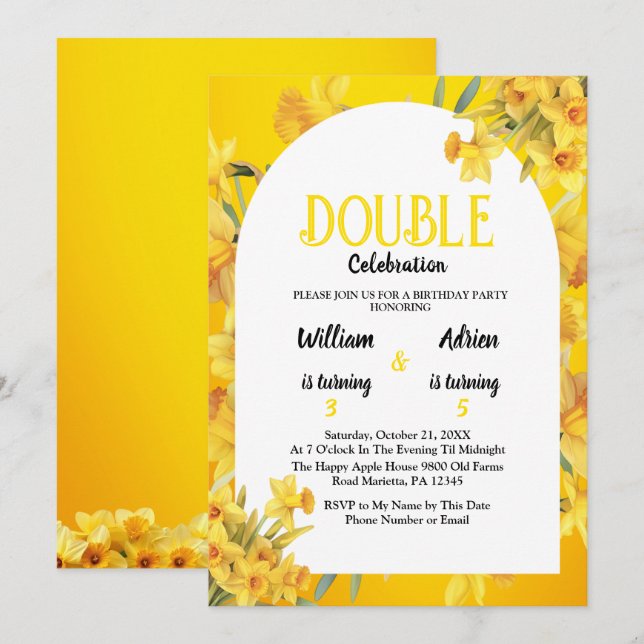 Invitation Mars naissance Daffodil Double fête Anniversaire (Devant / Derrière)