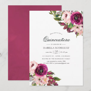 Invitation Marsala aquarelle et blush floral Quinceañera