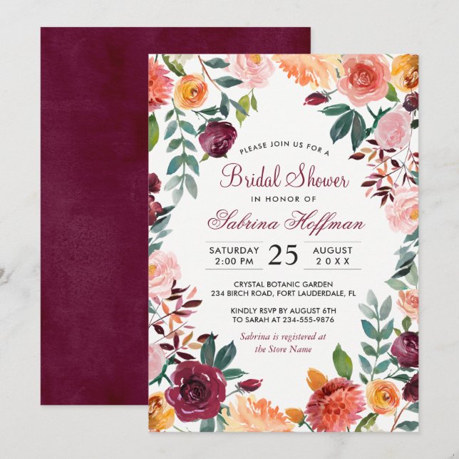 Invitation Marsala Aquarelle rose pâle Fête des mariées (Devant / Derrière)