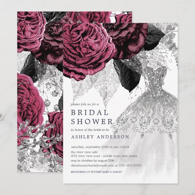 Invitation Marsala Argent Floral Mariage robe Fête des mariée (Devant / Derrière)