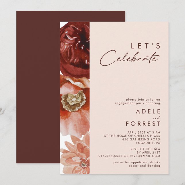 Invitation Marsala Autumn Floral | Blush Fêtons (Devant / Derrière)