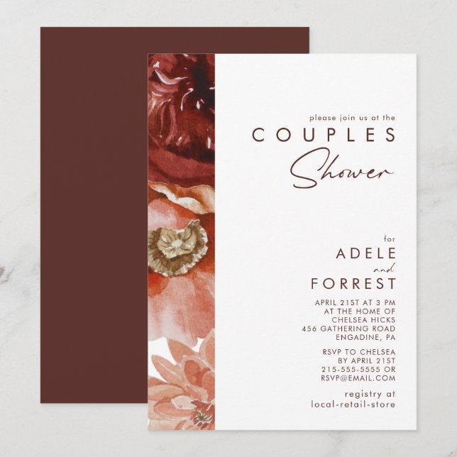 Invitation Marsala Autumn Floral | Douche Couples Blanches (Devant / Derrière)