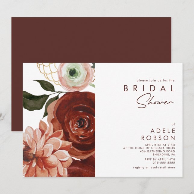 Invitation Marsala Autumn Floral | Fête des mariées blanche (Devant / Derrière)