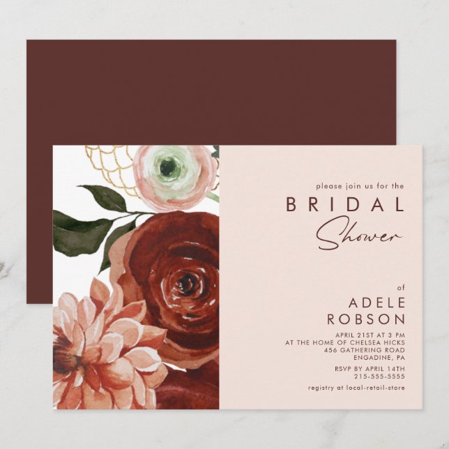 Invitation Marsala Autumn Floral | Fête des mariées floue (Devant / Derrière)