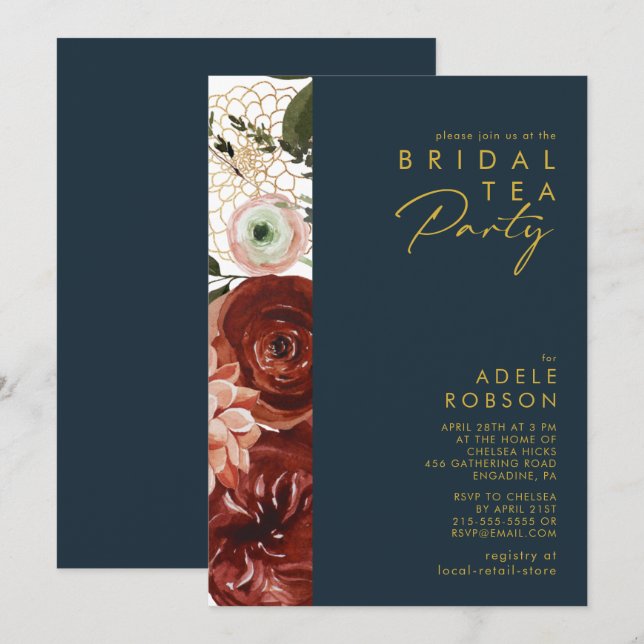Invitation Marsala Autumn Floral | Navy Bridal Tea Party (Devant / Derrière)